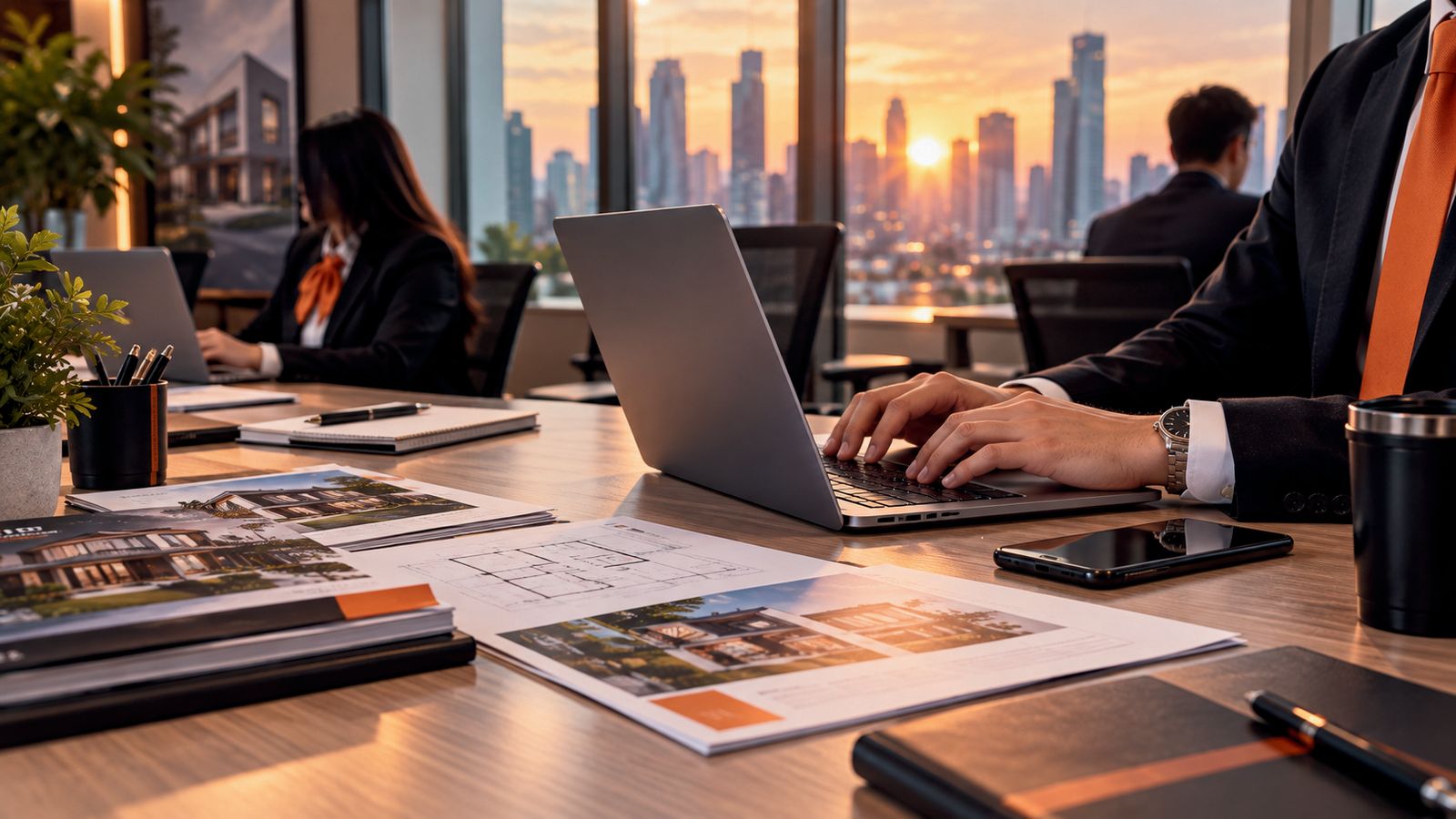 Office workspace overlooking a city skyline